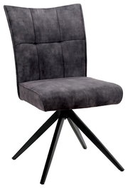 Moderner grauer Stuhl mit gepolsterter Rückenlehne und schwarzem Metallgestell, seitliche Perspektive