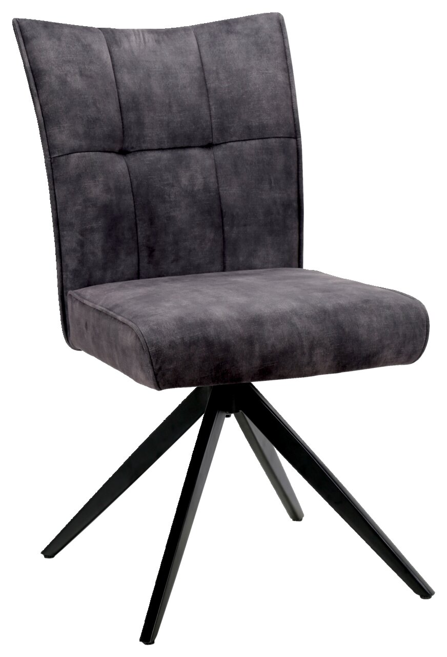 Moderner grauer Stuhl mit gepolsterter Rückenlehne und schwarzem Metallgestell, seitliche Perspektive