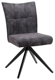 Moderner grauer Stuhl mit gepolsterter Rückenlehne und schwarzem Metallgestell, seitliche Perspektive