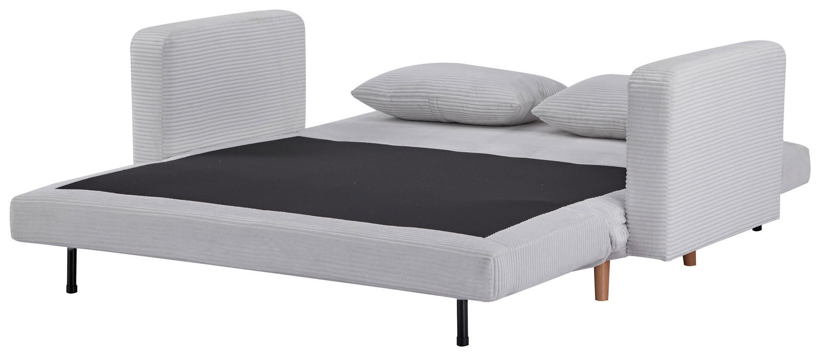 Funktionssofa in hellgrauem Stoff, ausgeklappt als Bett mit zwei Kissen, seitliche Perspektive
