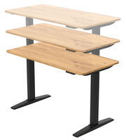 Höhenverstellbarer E-Schreibtisch mit Holzoberfläche und schwarzem Gestell, seitliche Perspektive