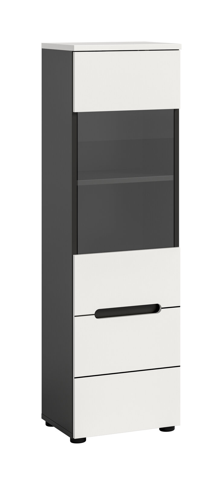 Schmaler, moderner Hochschrank in Anthrazit mit weißen Fronten, mittigem Glas-/Vitrinenbereich und Griffmulde, freistehend auf Füßen, Ansicht schräg von vorne links.