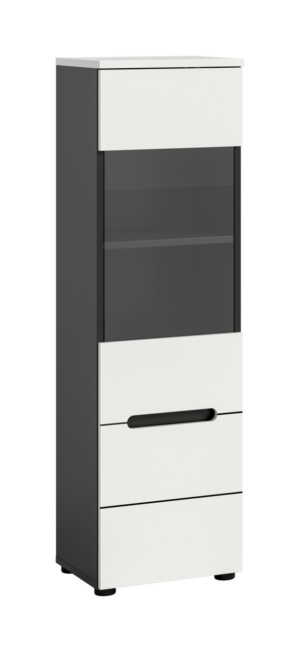 MID.YOU Vitrine CANU Schmaler, moderner Hochschrank in Anthrazit mit weißen Fronten, mittigem Glas-/Vitrinenbereich und Griffmulde, freistehend auf Füßen, Ansicht schräg von vorne links.