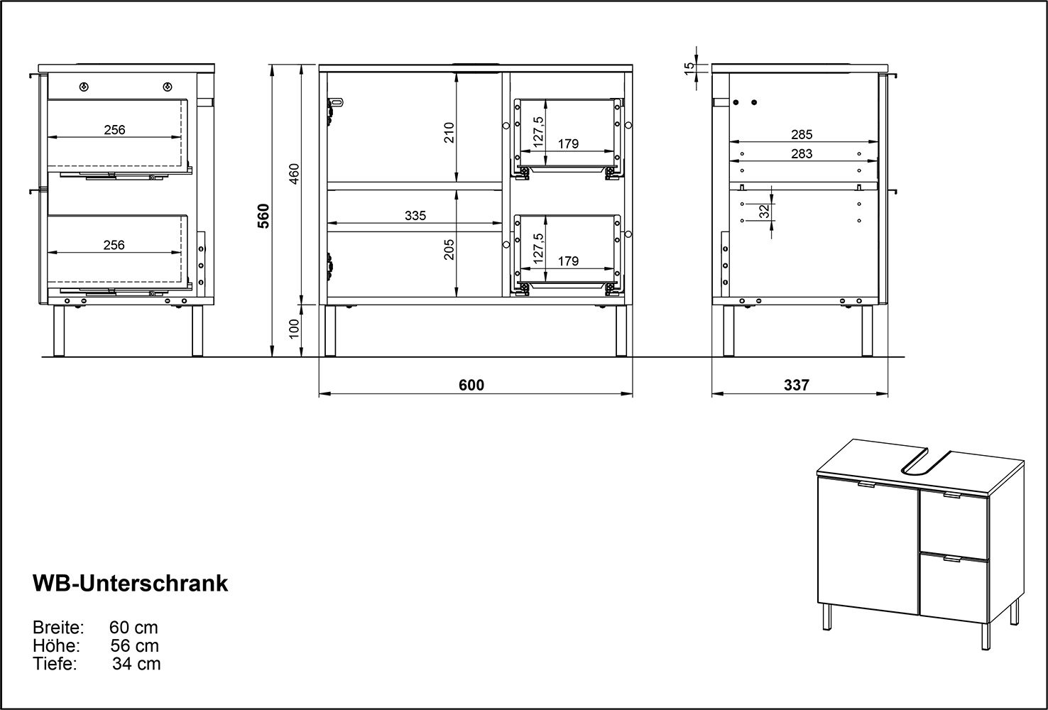 Technische Zeichnung eines Waschtischunterschranks mit zwei Türen und zwei Schubladen, Frontansicht und Seitenansicht.