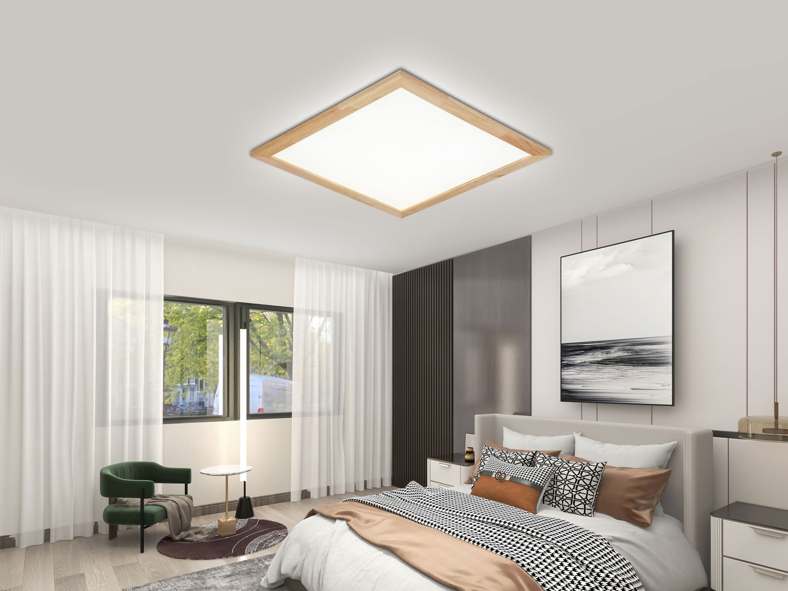 Moderne LED-Deckenleuchte Hina in einem stilvollen Schlafzimmer, aus der Perspektive von unten betrachtet.