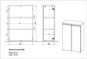 Zeichnung eines Aktenschranks mit den Maßen Breite: 80 cm, Höhe: 120 cm, Tiefe: 40 cm, in Vorder-, Seiten- und perspektivischer Ansicht.