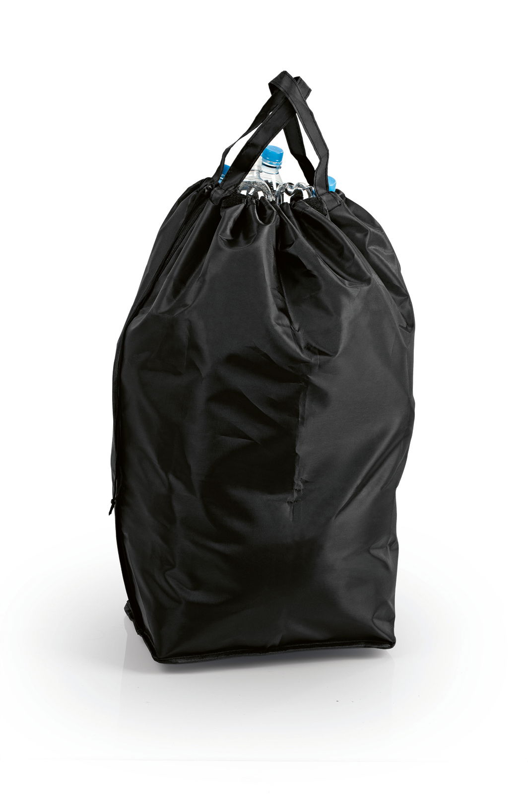 Schwarzer Pfandflaschen Sammelbehälter aus Stoff, gefüllt mit Flaschen, in Frontalansicht.