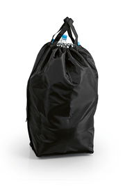 Schwarzer Pfandflaschen Sammelbehälter aus Stoff, gefüllt mit Flaschen, in Frontalansicht.