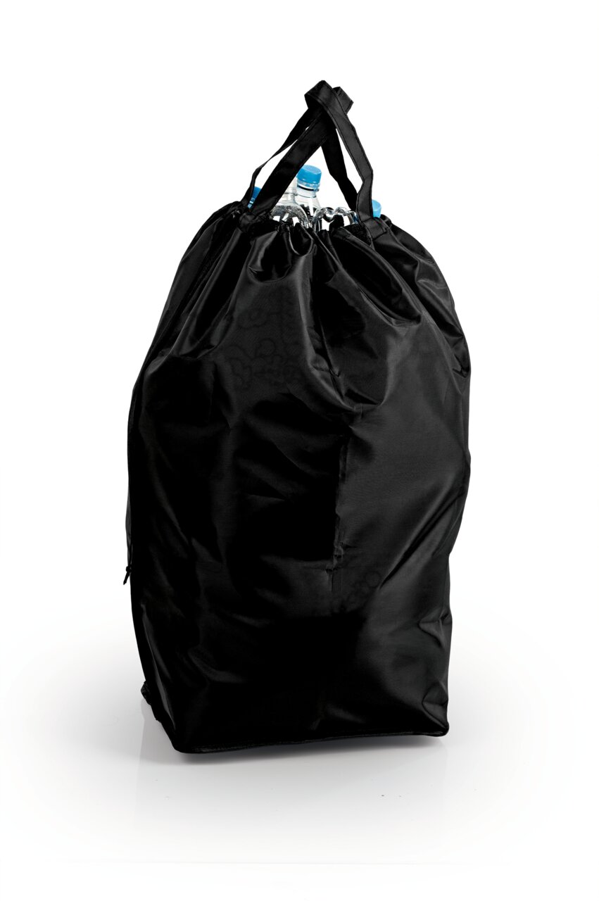 Schwarzer Pfandflaschen Sammelbehälter aus Stoff, gefüllt mit Flaschen, in Frontalansicht.