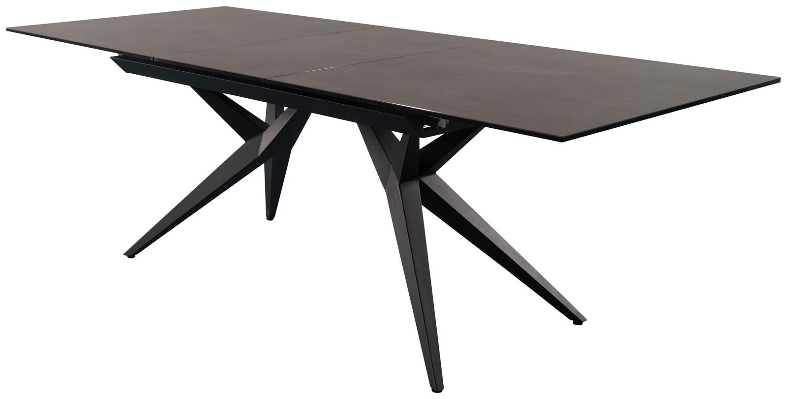 Moderner Esstisch mit dunkler Tischplatte und markanten, geometrischen Beinen, seitliche Perspektive.