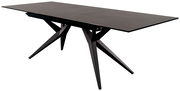 Moderner Esstisch mit dunkler Tischplatte und markanten, geometrischen Beinen, seitliche Perspektive.