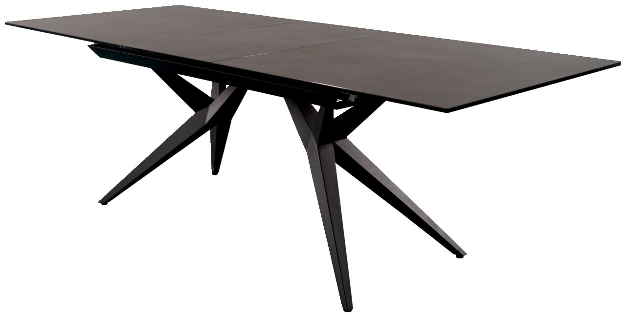 Moderner Esstisch mit dunkler Tischplatte und markanten, geometrischen Beinen, seitliche Perspektive.