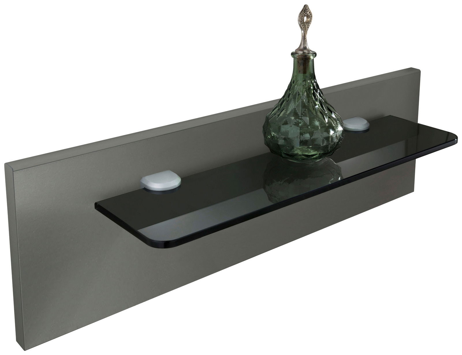 Nachtkonsolen Paneel mit Glasablage und dekorativer Karaffe, seitliche Perspektive