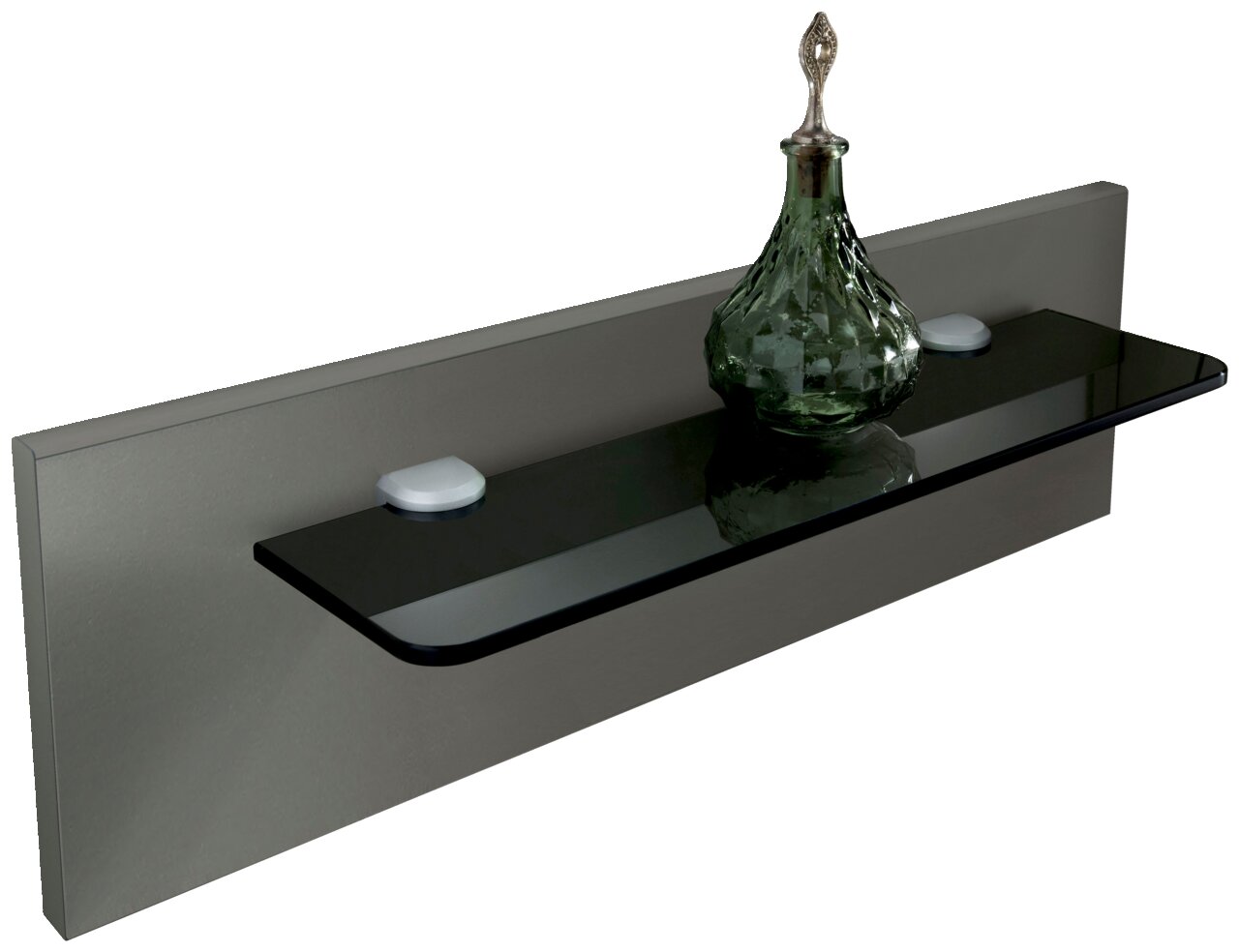 Nachtkonsolen Paneel mit Glasablage und dekorativer Karaffe, seitliche Perspektive