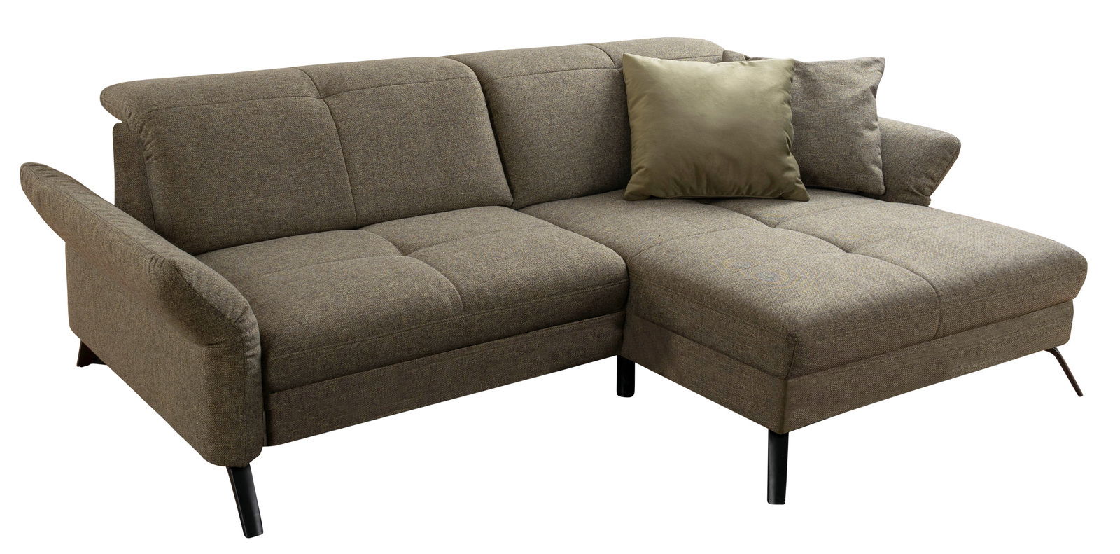 Braunes Ecksofa mit einem Kissen, seitliche Perspektive