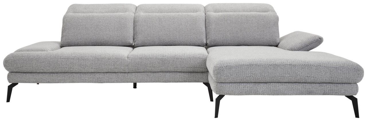 Graue Longchairkombination mit drei Rückenkissen und einem Armteil, Perspektive von vorne.