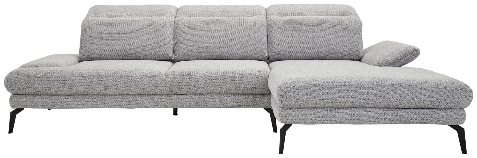 Graue Longchairkombination mit drei Rückenkissen und einem Armteil, Perspektive von vorne.