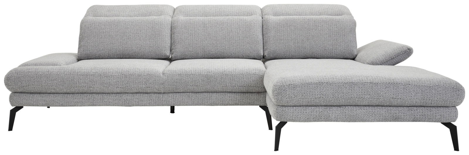 Graue Longchairkombination mit drei Rückenkissen und einem Armteil, Perspektive von vorne.