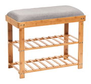 Schuhbank aus Holz mit zwei Ablagen und gepolstertem Sitz, seitliche Perspektive