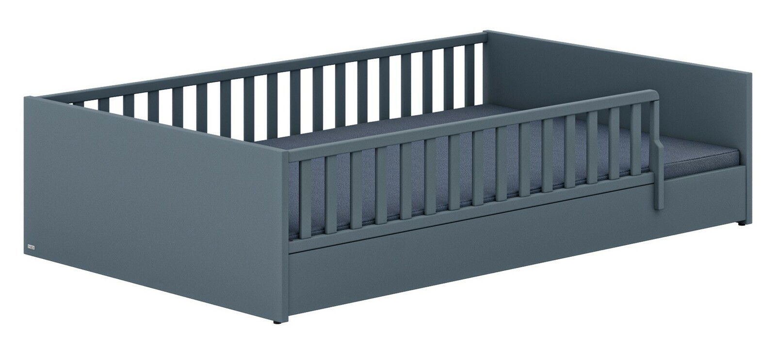 Graues Bodenbett mit Gitterstäben, seitliche Perspektive