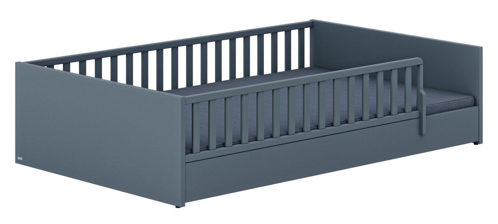 Graues Bodenbett mit Gitterstäben, seitliche Perspektive