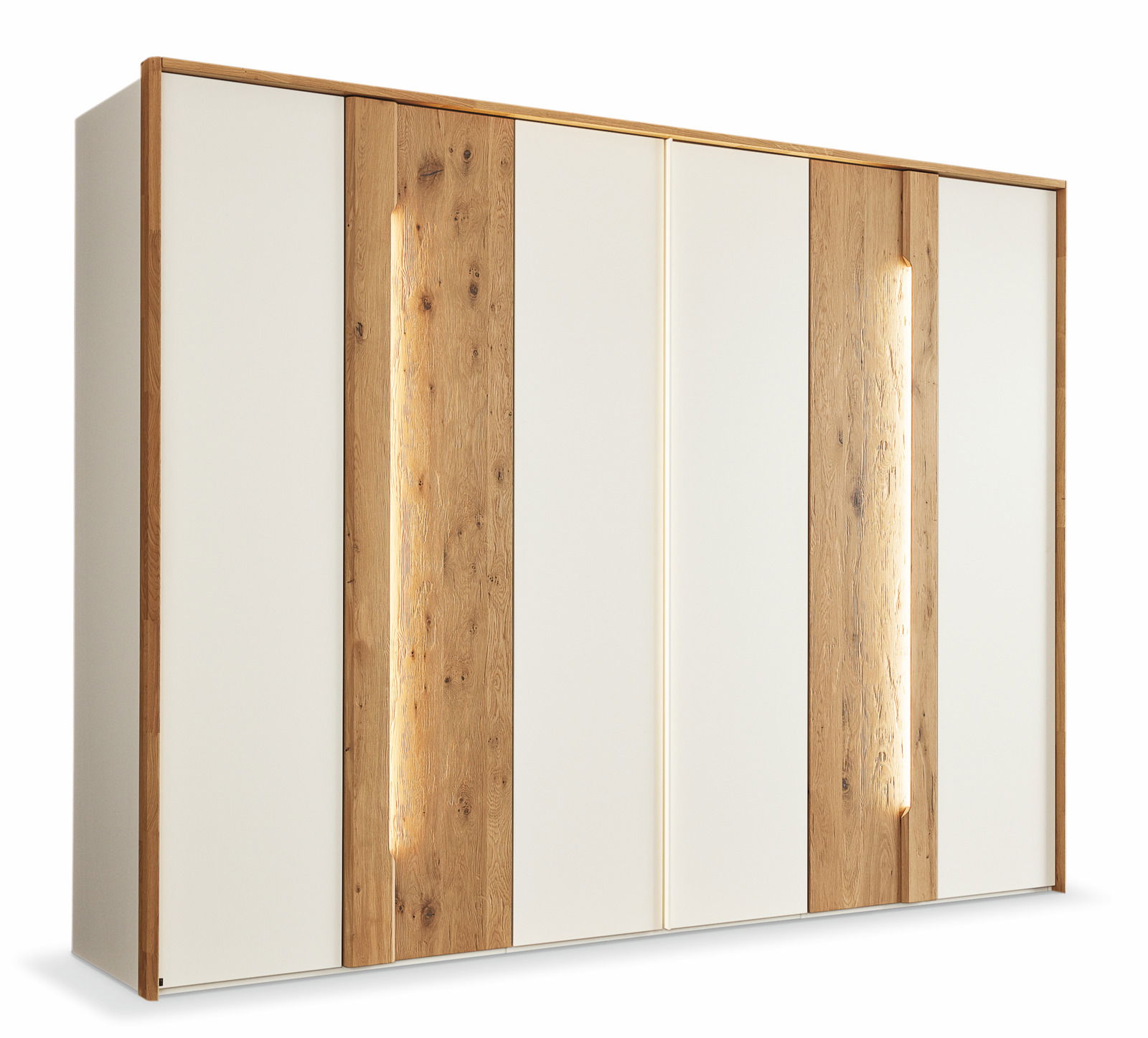 Sechs-türiger Drehtürenschrank mit Holz- und Weißakzenten, seitliche Perspektive