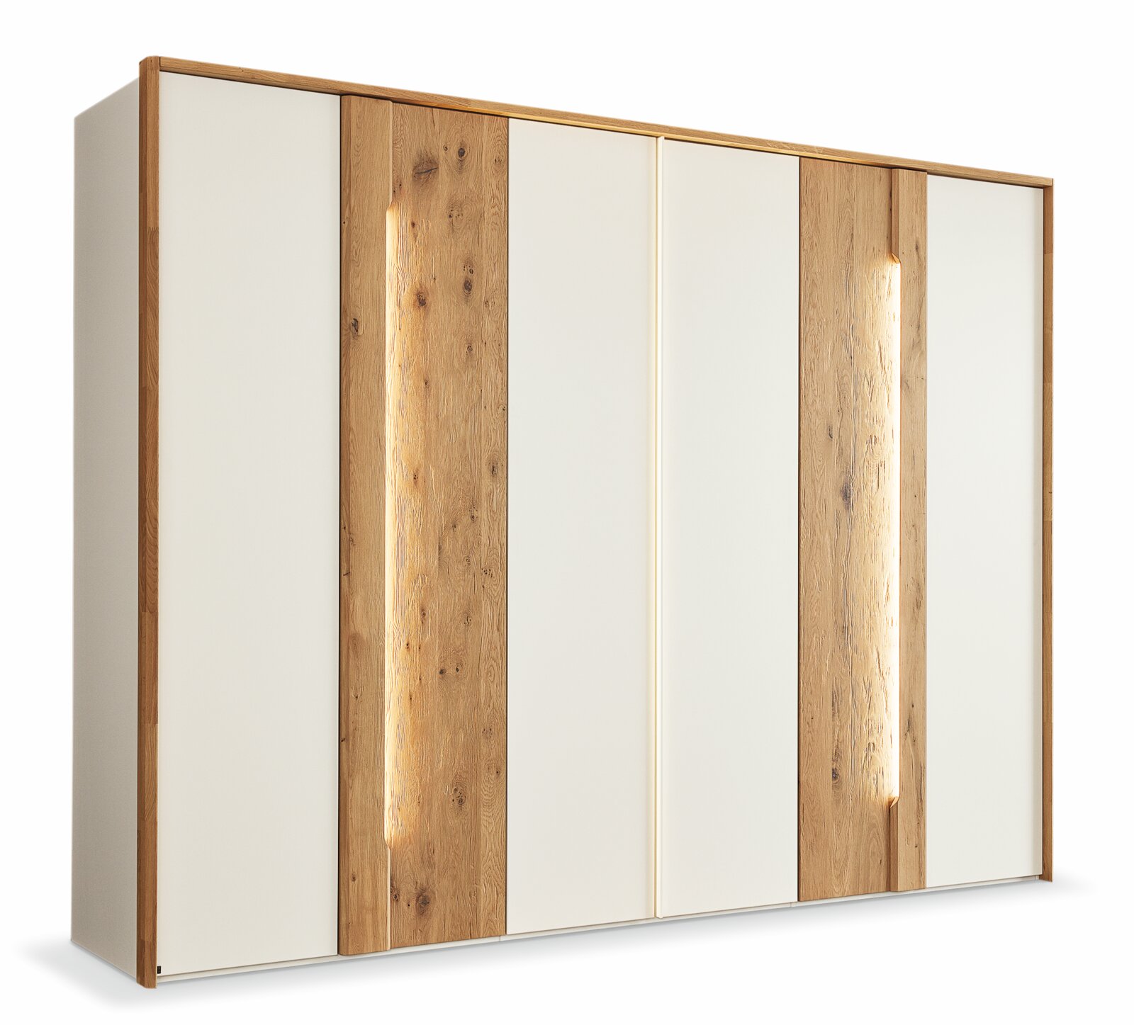 Sechs-türiger Drehtürenschrank mit Holz- und Weißakzenten, seitliche Perspektive