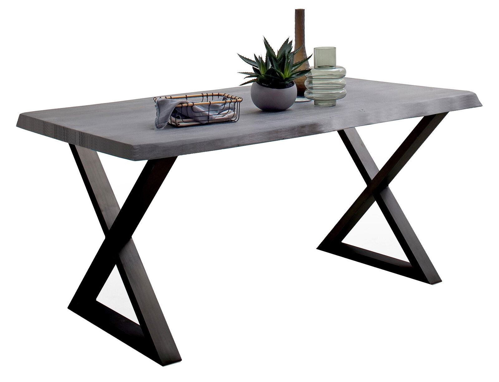 Moderner Esstisch mit X-förmigen Beinen aus dunklem Holz und einer glatten, grauen Tischplatte, seitliche Perspektive