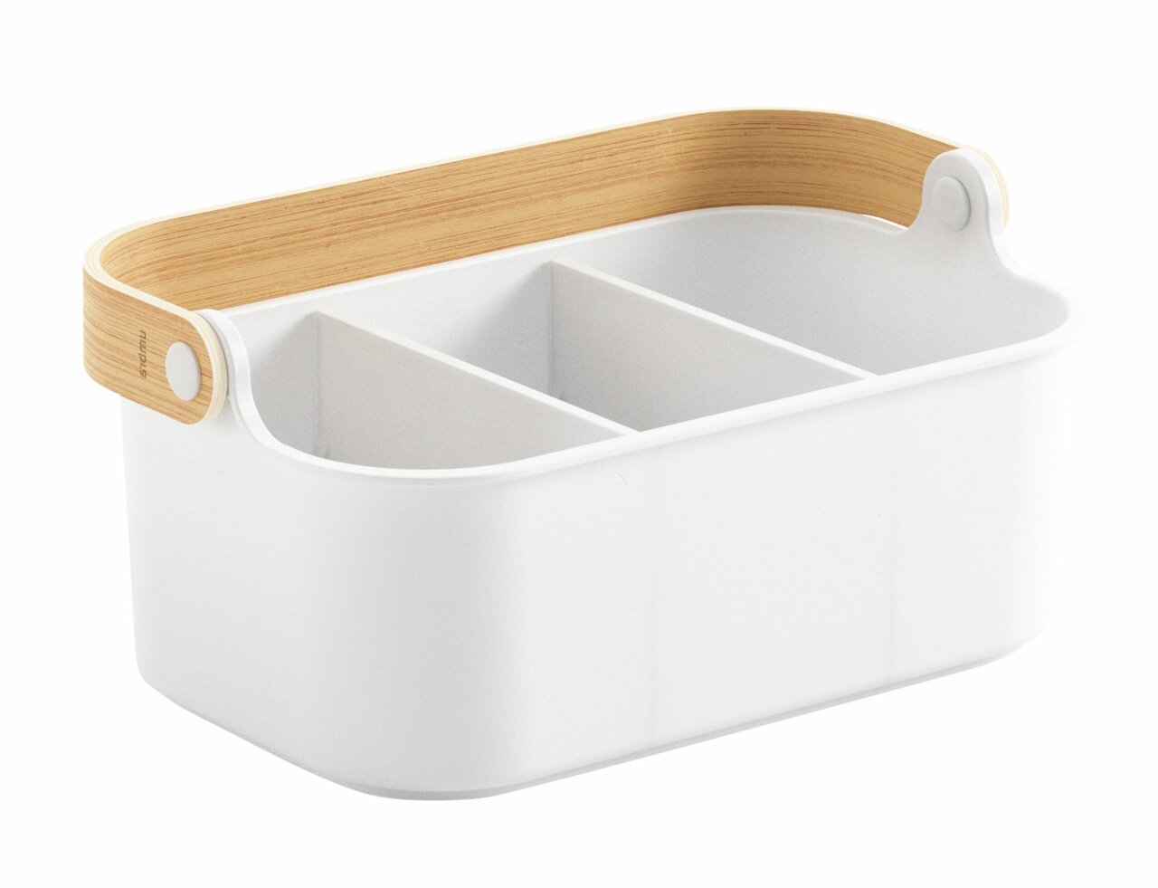 Witte opbergmand met handvat van natuurlijk hout, in drie delen, zijaanzicht