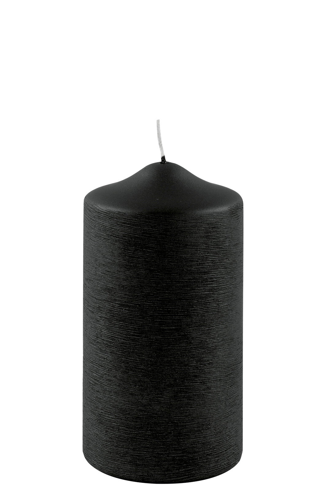 Schwarze Stumpenkerze mit metallischem Finish, seitliche Perspektive