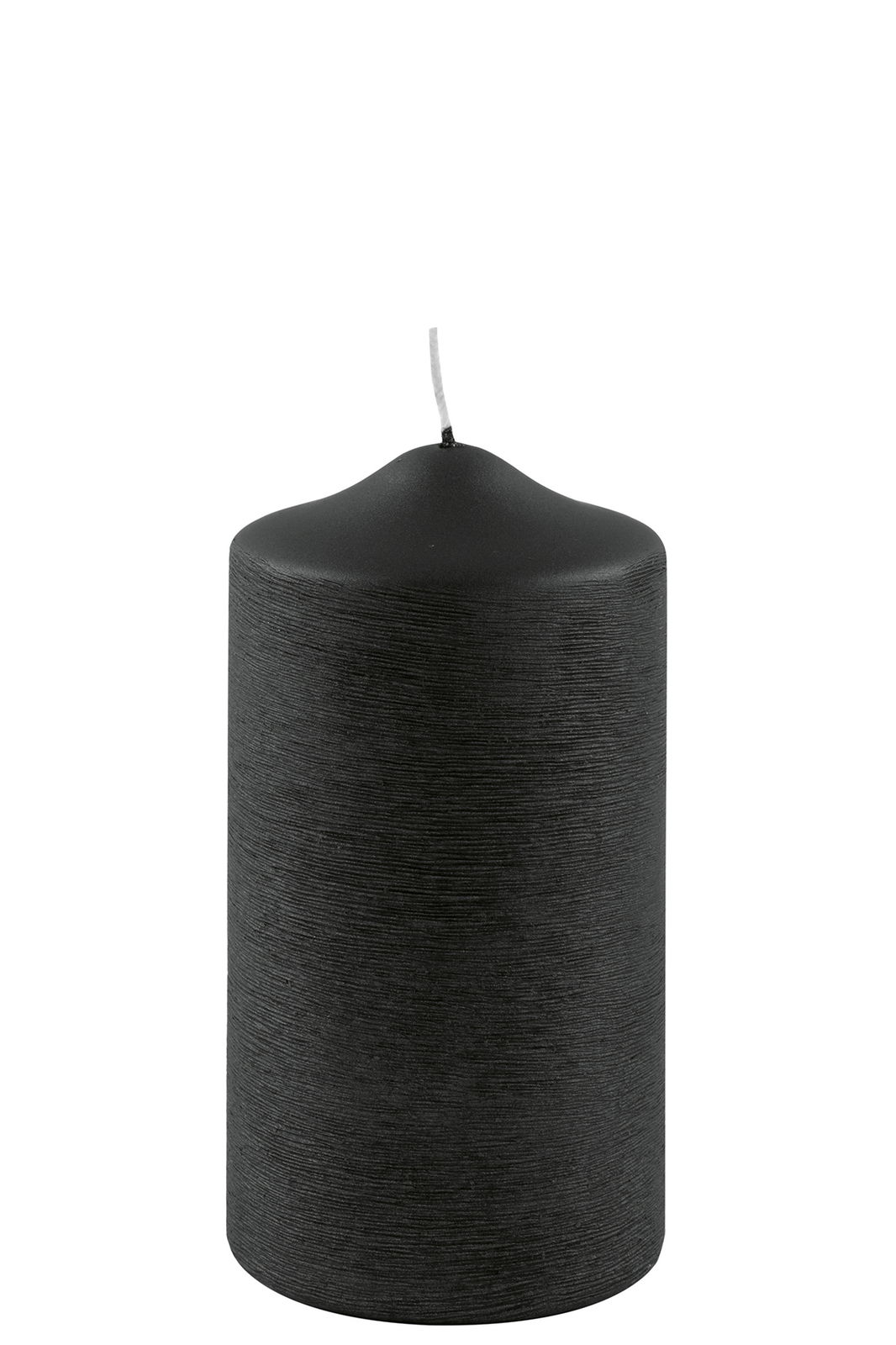 Schwarze Stumpenkerze mit metallischem Finish, seitliche Perspektive
