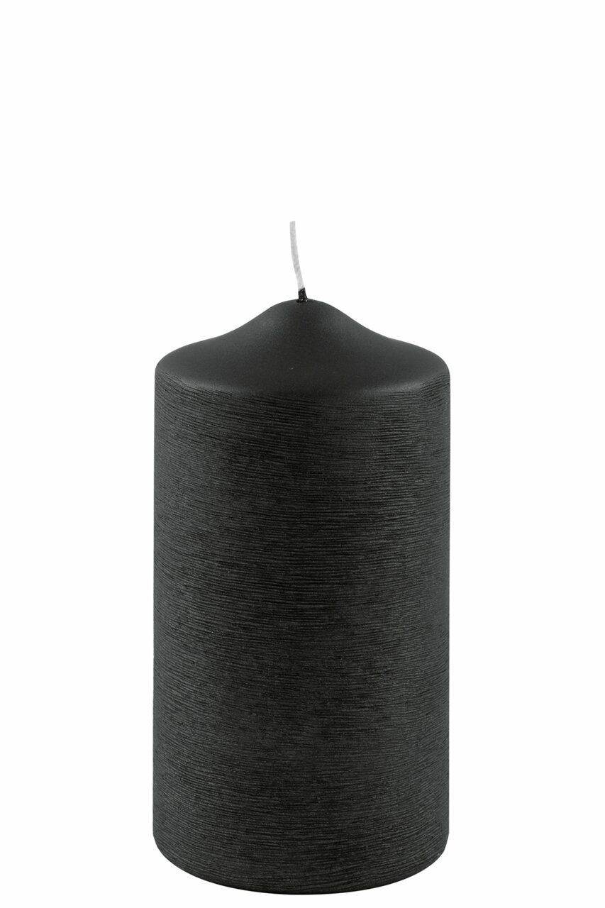 Schwarze Stumpenkerze mit metallischem Finish, seitliche Perspektive