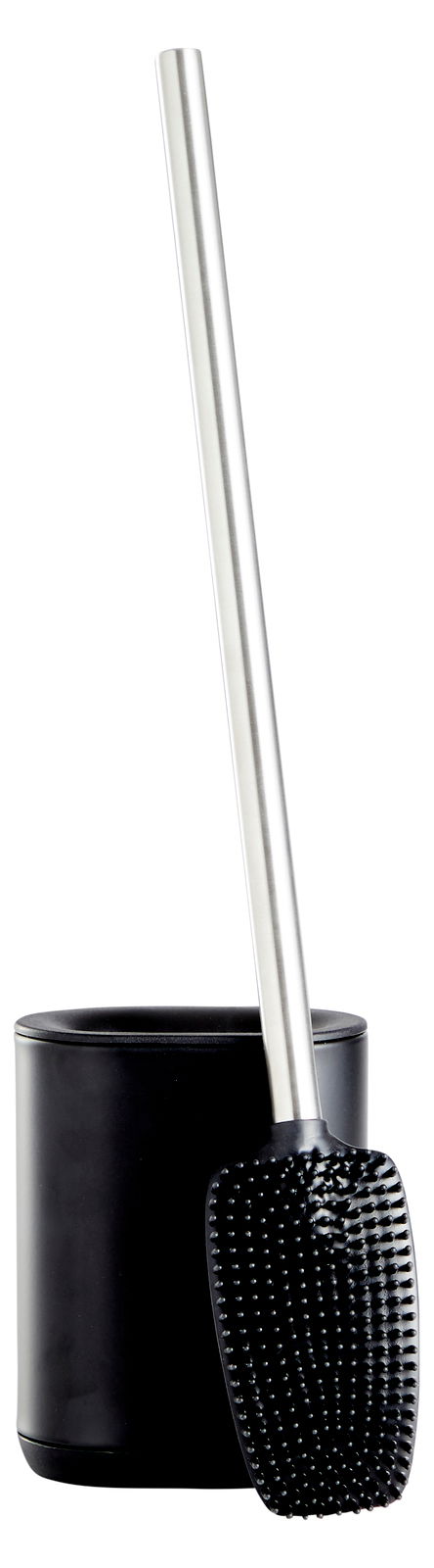 Toilettenbürste mit schwarzem Halter und Edelstahlgriff, seitliche Perspektive