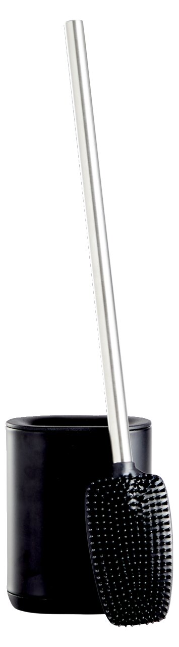 Toilettenbürste mit schwarzem Halter und Edelstahlgriff, seitliche Perspektive