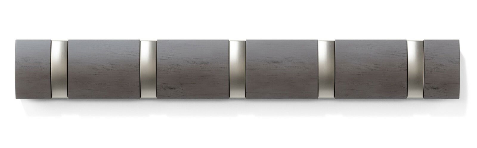 Moderne Wandgarderobe aus Holz mit Metallakzenten, Ansicht von vorne.