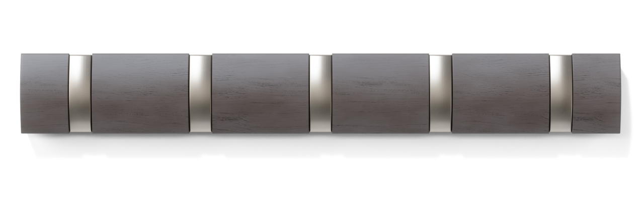 Moderne Wandgarderobe aus Holz mit Metallakzenten, Ansicht von vorne.