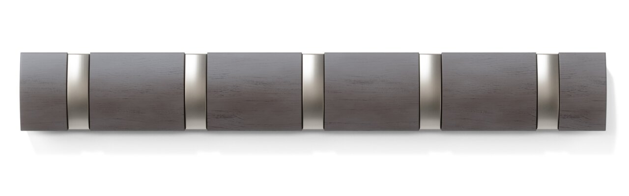 Moderne Wandgarderobe aus Holz mit Metallakzenten, Ansicht von vorne.