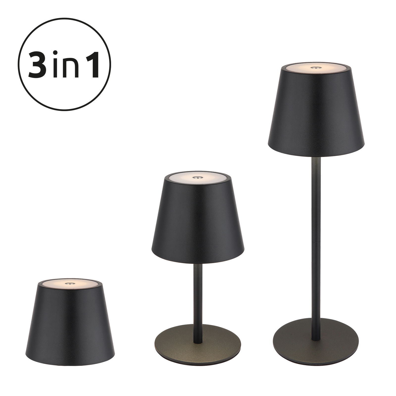 Drei schwarze Akku-Tischleuchten VANNIE 3 in 1, in verschiedenen Höhen, von der Seite betrachtet.
