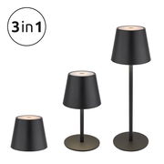 Drei schwarze Akku-Tischleuchten VANNIE 3 in 1, in verschiedenen Höhen, von der Seite betrachtet.