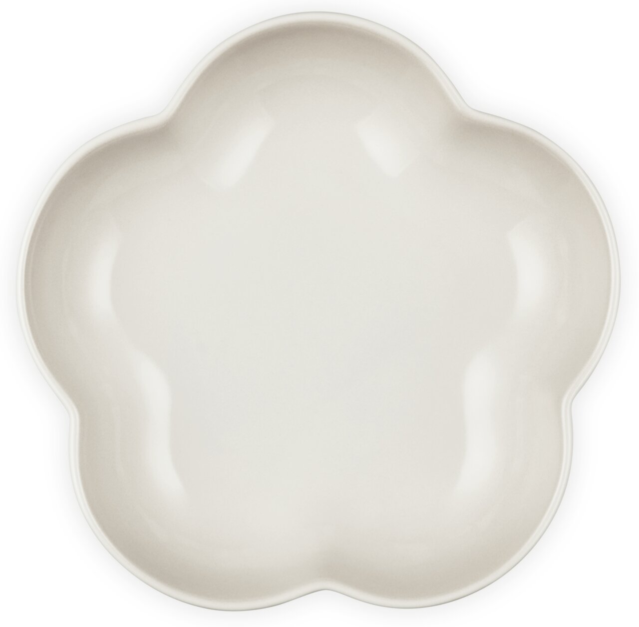 Obenansicht einer blumenförmigen Schüssel in der Farbe Meringue, 21 cm Durchmesser.