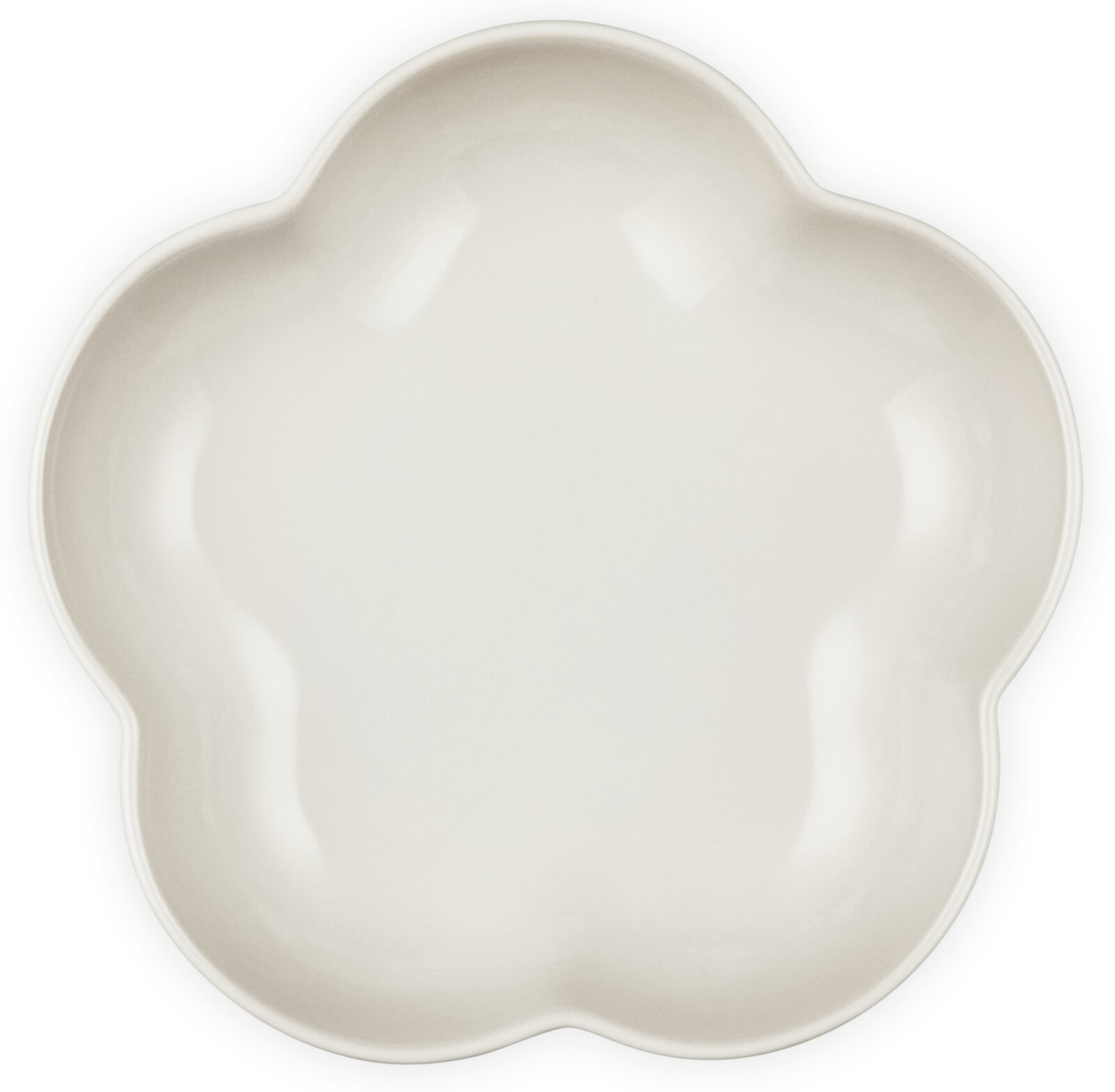 Obenansicht einer blumenförmigen Schüssel in der Farbe Meringue, 21 cm Durchmesser.