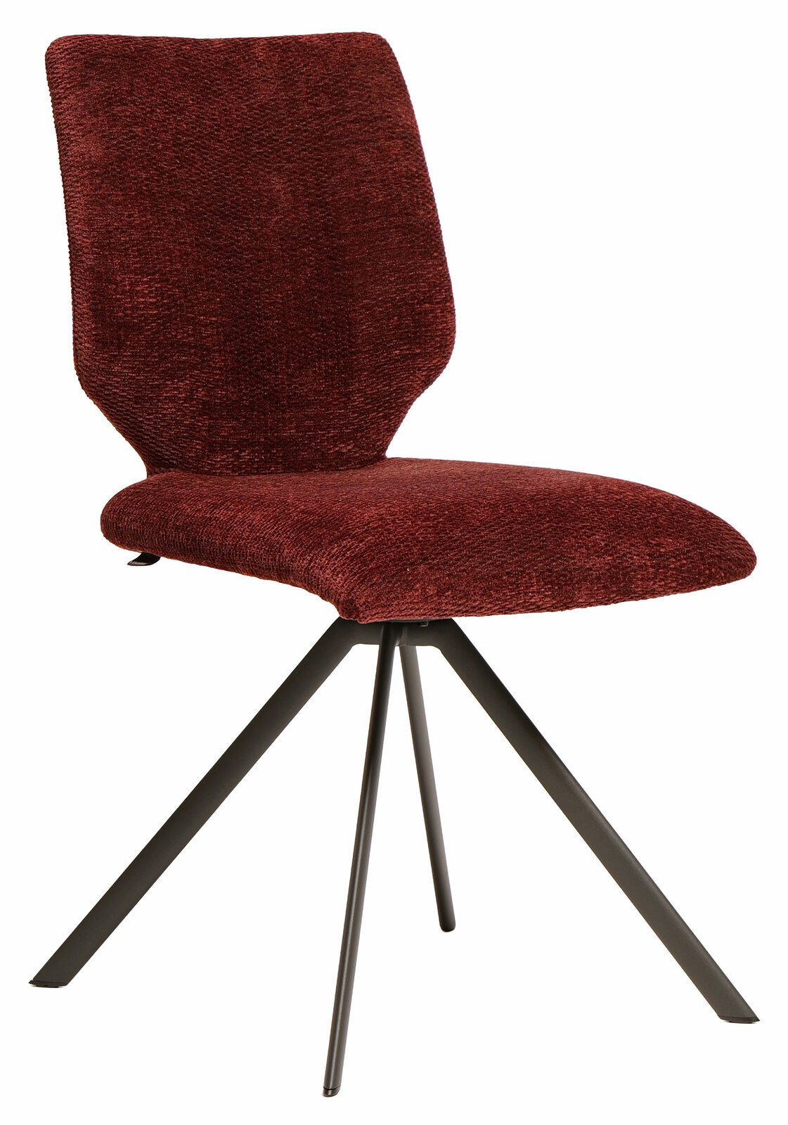 Moderner Stuhl mit weinrotem Stoffbezug und schwarzem Metallgestell, seitliche Perspektive
