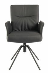 Moderner schwarzer Sessel mit Armlehnen und Metallbeinen, Frontalansicht.