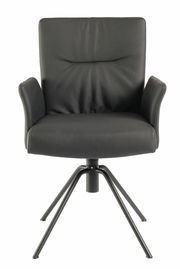 Moderner schwarzer Sessel mit Armlehnen und Metallbeinen, Frontalansicht.