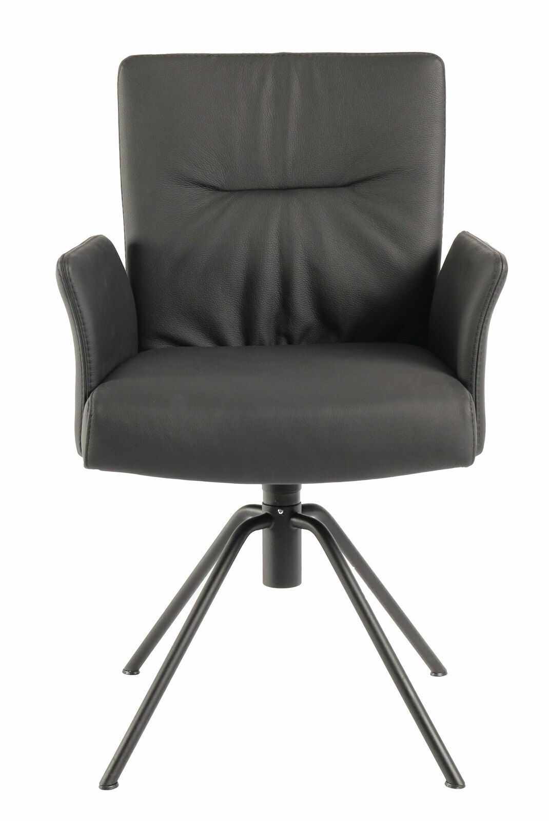 Moderner schwarzer Sessel mit Armlehnen und Metallbeinen, Frontalansicht.