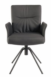 Moderner schwarzer Sessel mit Armlehnen und Metallbeinen, Frontalansicht.