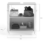 Badezimmerschrank mit zwei offenen Türen, gefüllt mit Badutensilien wie Handtüchern, Bürsten und Aufbewahrungsboxen. Frontalansicht.