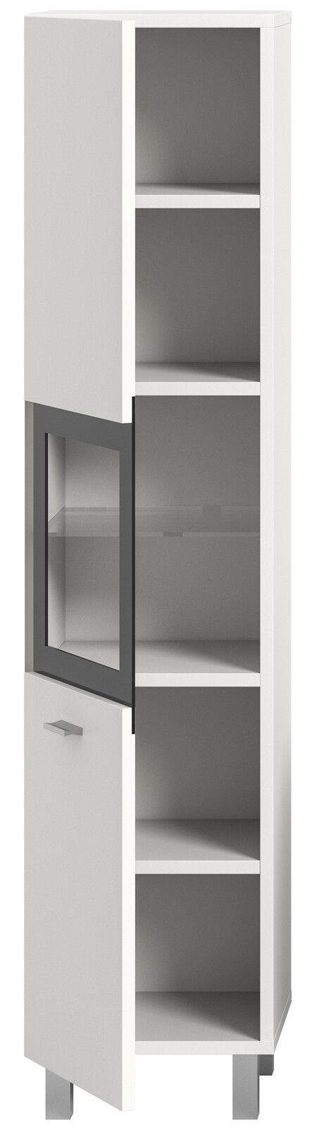 Moderner Badschrank mit offenen und geschlossenen Fächern, Frontansicht