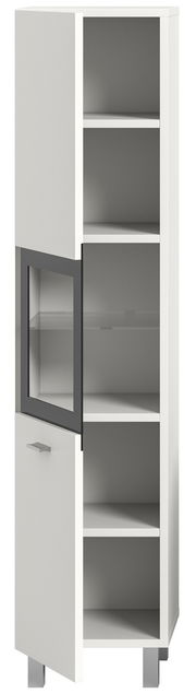 Moderner Badschrank mit offenen und geschlossenen Fächern, Frontansicht