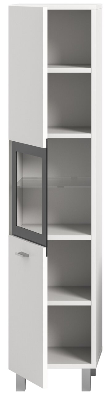 Moderner Badschrank mit offenen und geschlossenen Fächern, Frontansicht